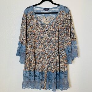 Roaman's Floral Top Womens 30W Blue Lace Button Up Boho Cottagecore Fairy Hippie